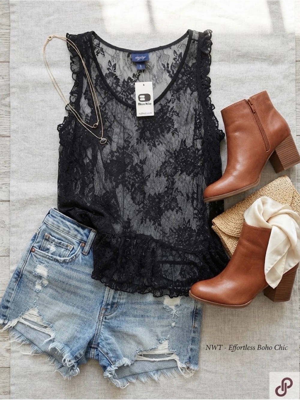 Buckle Daytrip Mesh Lace Ruffle Hem Tank Top - Black